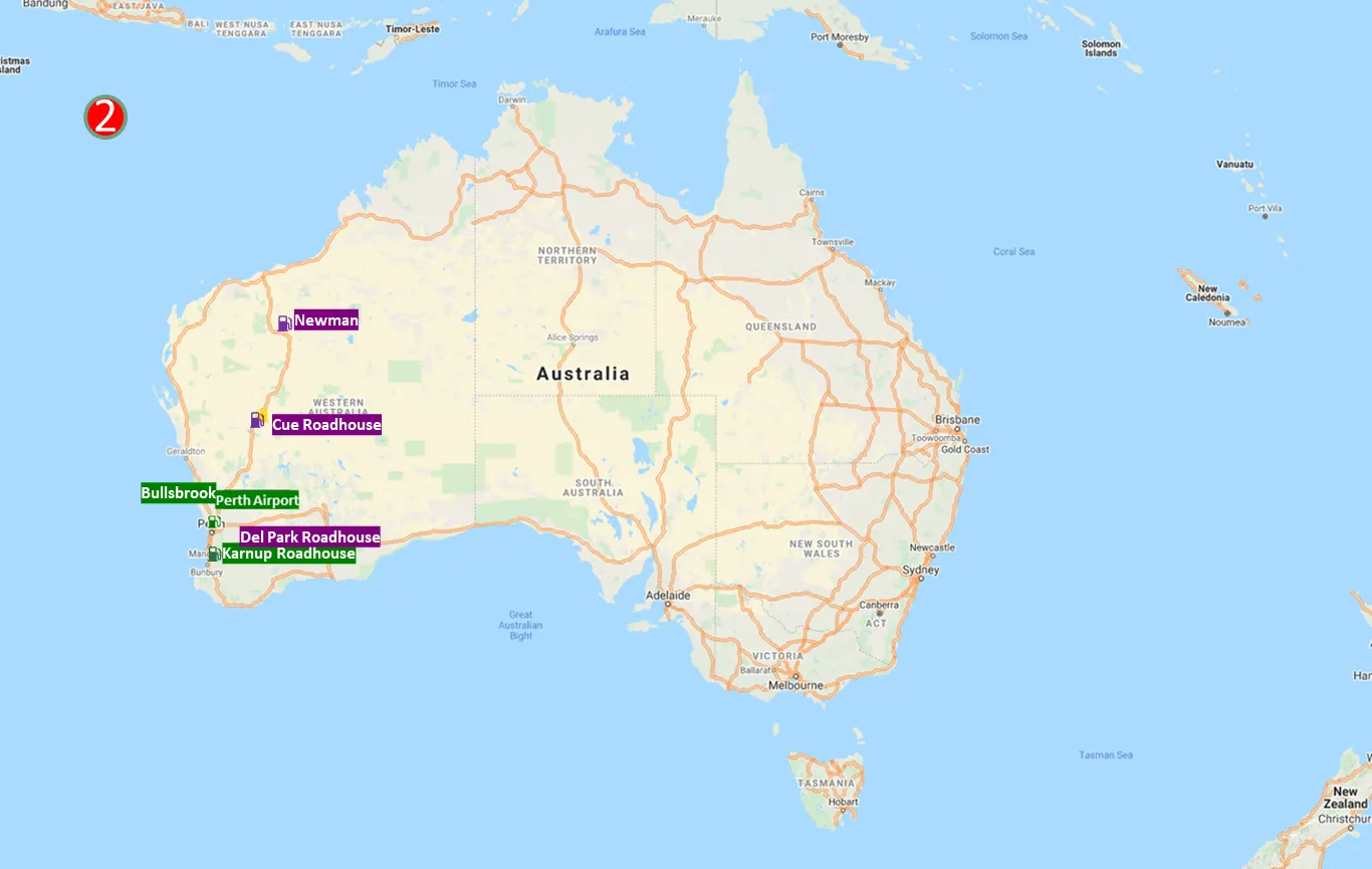 Map of Western Australia showing 6 planned Hydrogen West refuelling stations